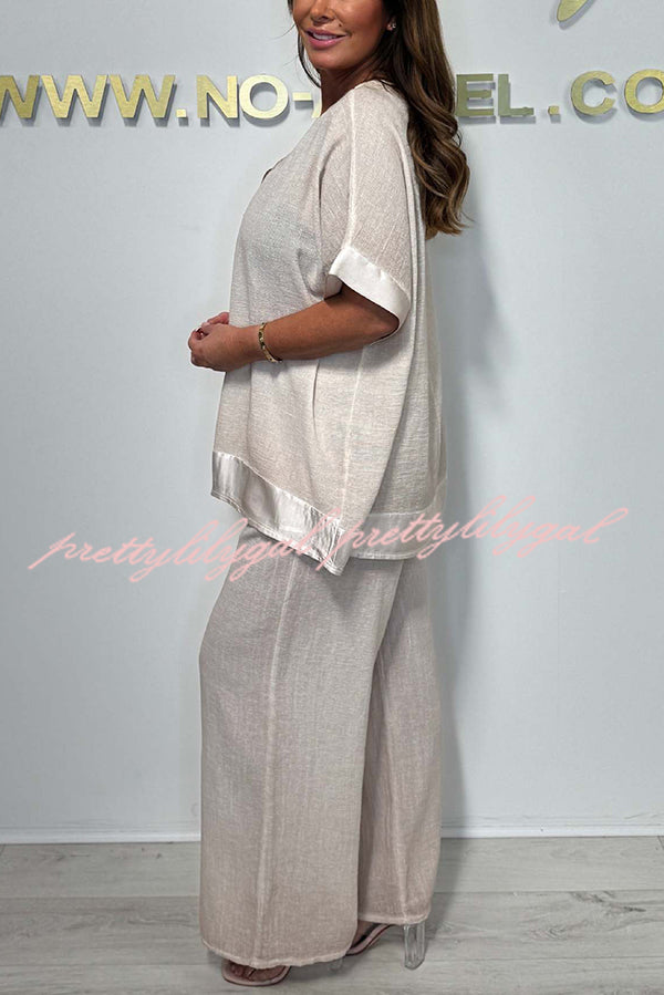 Fashionable V-neck Short-sleeved Loose Top and Elastic Waist Casual Wide-leg Pants Set