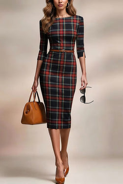 Plaid Print Half Sleeves Fitted Elegant Midi Dress – prettylilygal