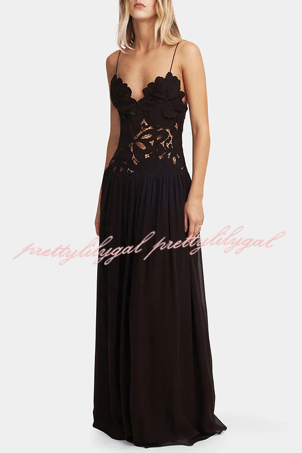 Stephanie Flower Crochet Lace Bust Chiffon Fluffy Hem Maxi Dress