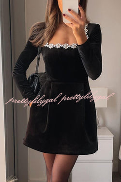 Endless Celebration Velvet Jewel Embellished Trim Long Sleeve Pocketed Mini Dress