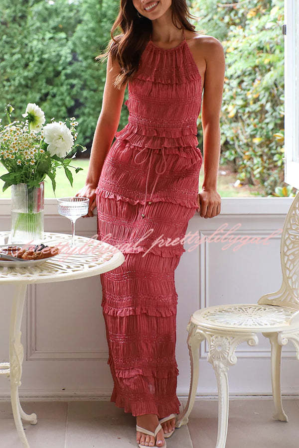 Feel Chic and Romantic Sequin Textured Material Back Elastic Halter Tie Tank and Drawstring Waist Tiered Maxi Skirt Set