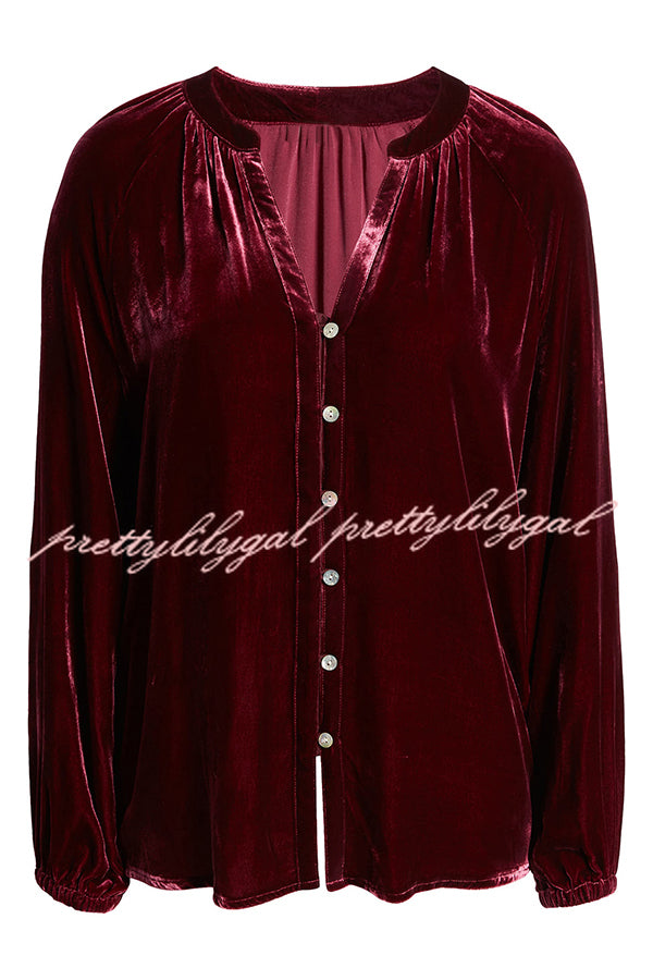 Solid Color Velvet V-neck Long-sleeved Shirt