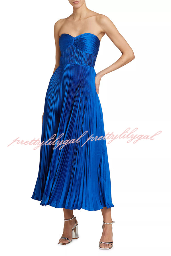 Love Note Satin Sweetheart Twist Off Shoulder Pleated Maxi Dress