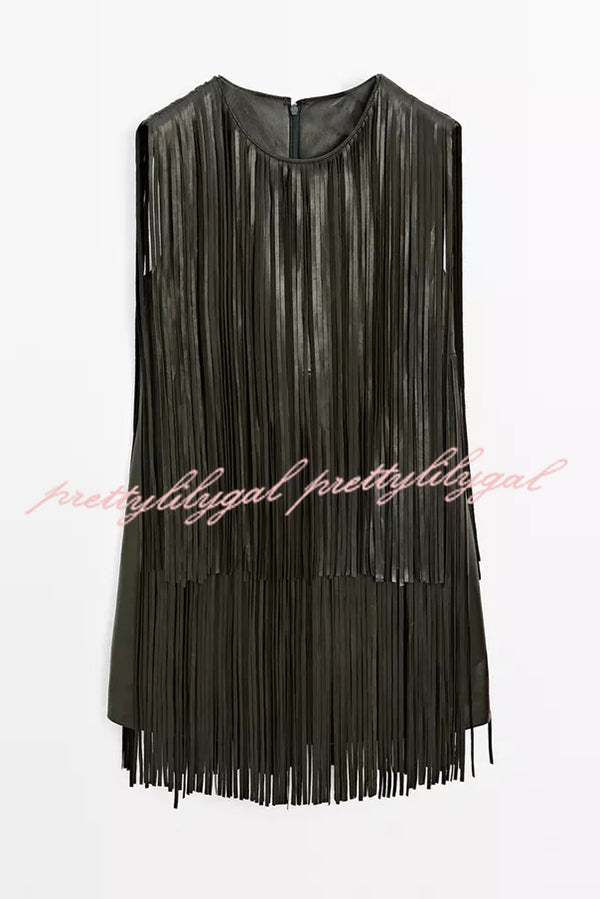 Modern Times Faux Leather Layered Tassel Design Sleeveless H-line Mini Dress