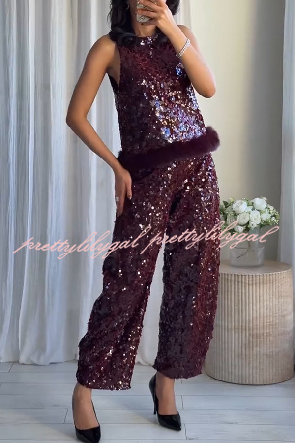Gala Goddess Sequin Faux Fur Trim Crew Neck Sleeveless Loose Top