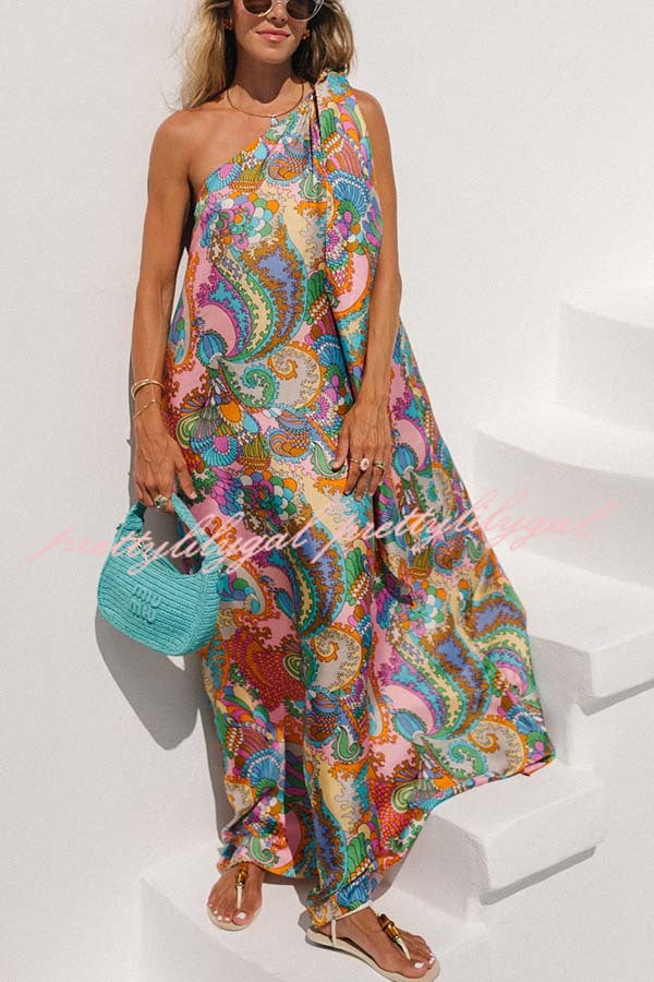 Rainbow Breeze Satin Unique Print Bow One Shoulder Loose Maxi Dress