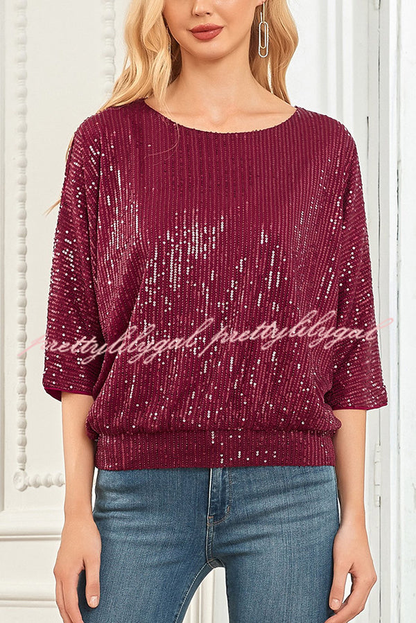 Solid Color Sequined Loose Round Neck Casual Top