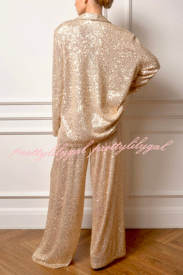 Solid Color Sequin Elastic Waist Elegant Loose Pants