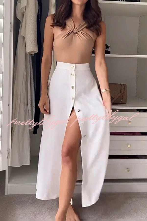 Stylish Sleeveless Stretch Fit Top and Relaxed Buttoned Slit Maxi Skirt Set