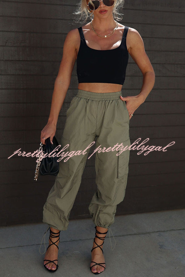 Let’s Rewind Nylon Elastic Waist Pocketed Cargo Pants