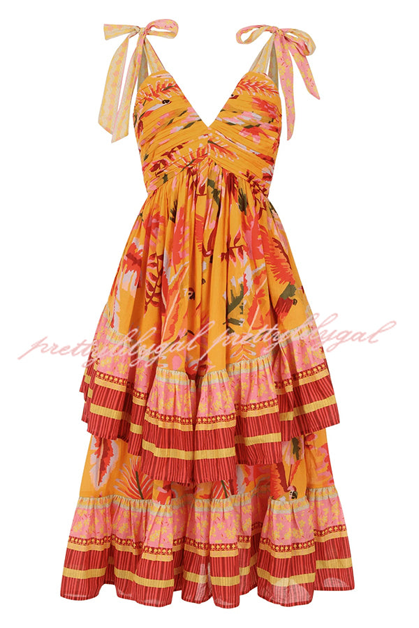 Tropical Sunset Unique Print Pleated Tie-up Straps Tiered Midi Dress