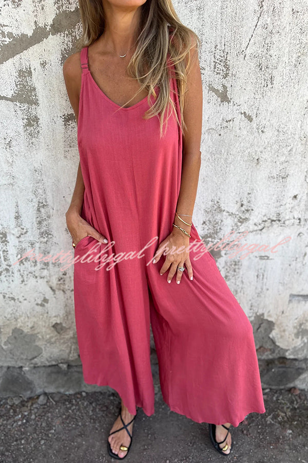 Linen Blend Solid Color Suspenders Loose Pockets Casual Wide-leg Jumpsuit