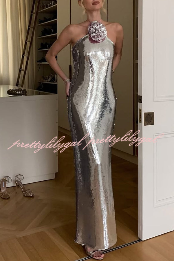 Moonlit Blooms Sequin Floral-appliqué Halter Neck Slit Gown Maxi Dress