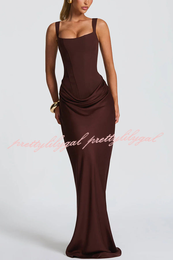 Larrah Square Neck Back Lace-up Satin Drape Hem Maxi Dress