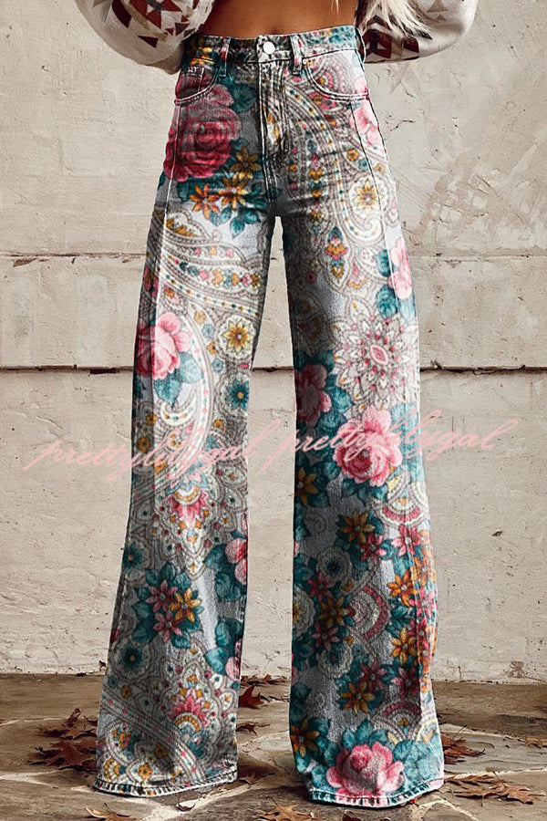 Casual Floral Print Button Pocket Wide Leg Pants