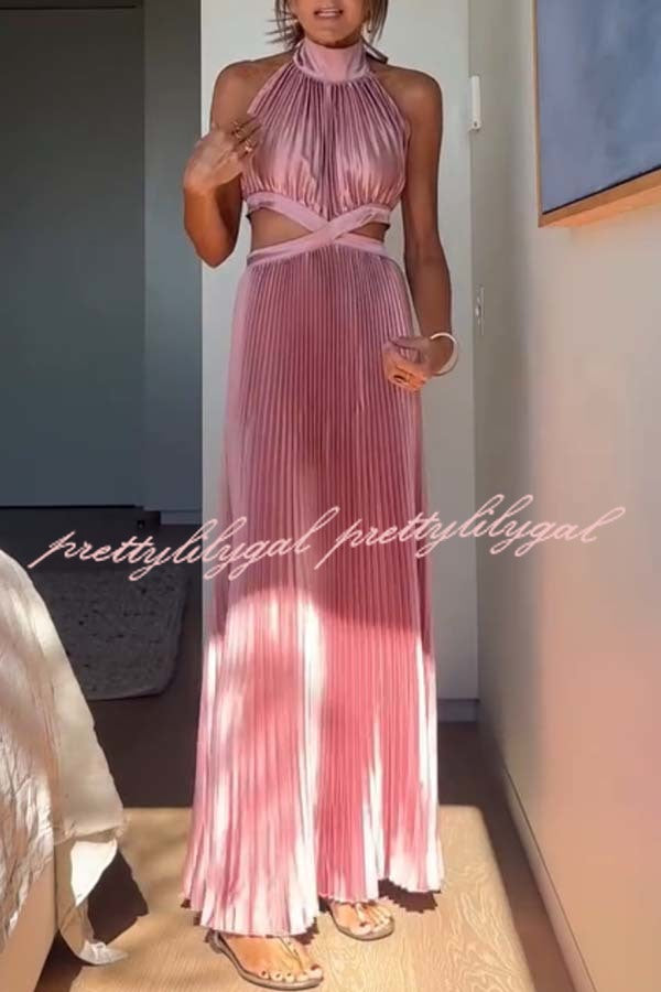 Stunning Choice Satin Pleated Halter High Neck Cutout Waist Backless Maxi Dress