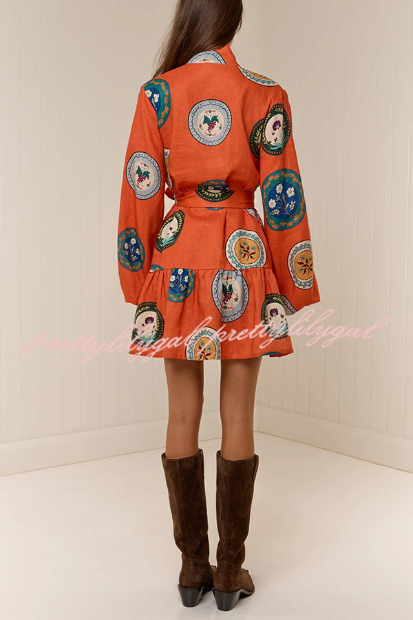 Linen Blend Unique Print Tie Waist Loose Mini Dress