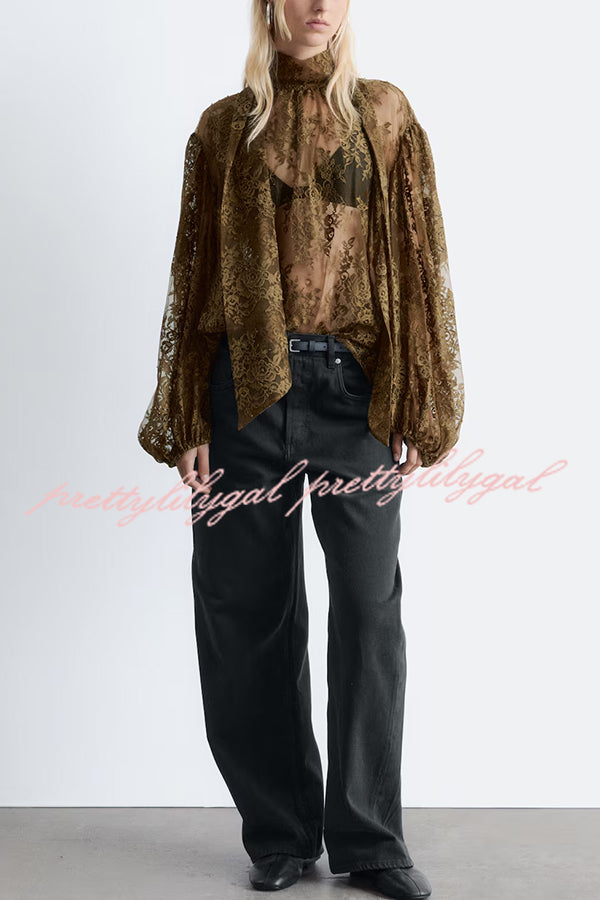Reigna Semi-sheer Floral Lace Bow Neck Balloon Sleeve Loose Blouse