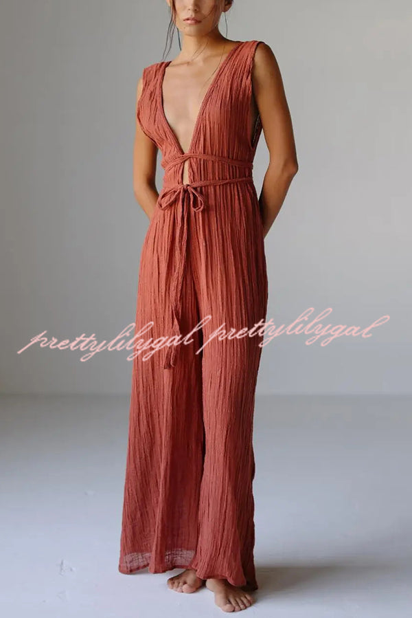 Resort Style V-neck Tie Pleated Casual Jumpsuit