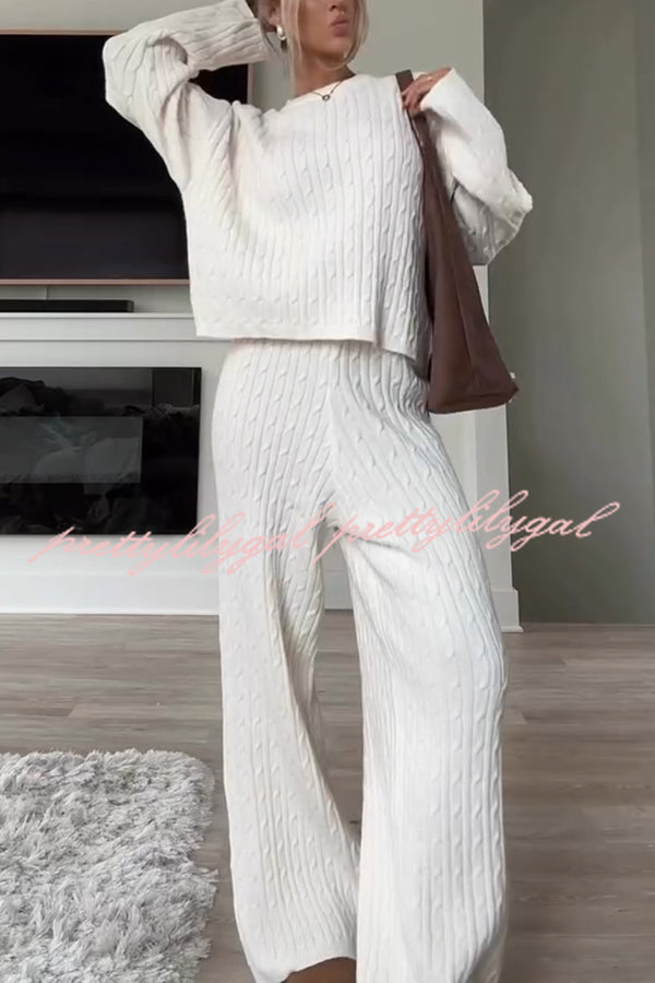 Autumn Travel Knit Cable Long Sleeve Sweater and Elastic High Waist Wide Leg Pants Set