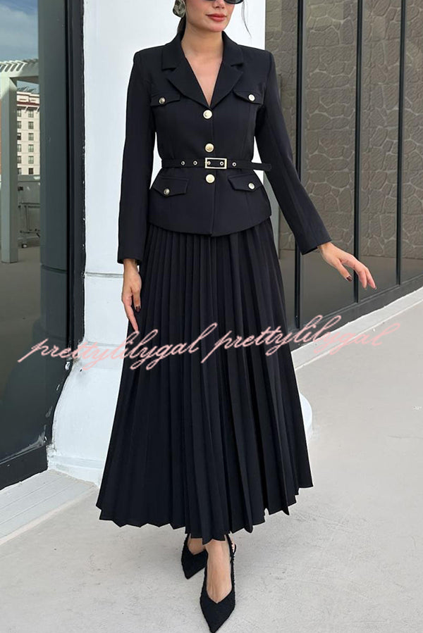 Solid Color Lapel Button Belt Blazer and Pleated Casual Maxi Skirt Set