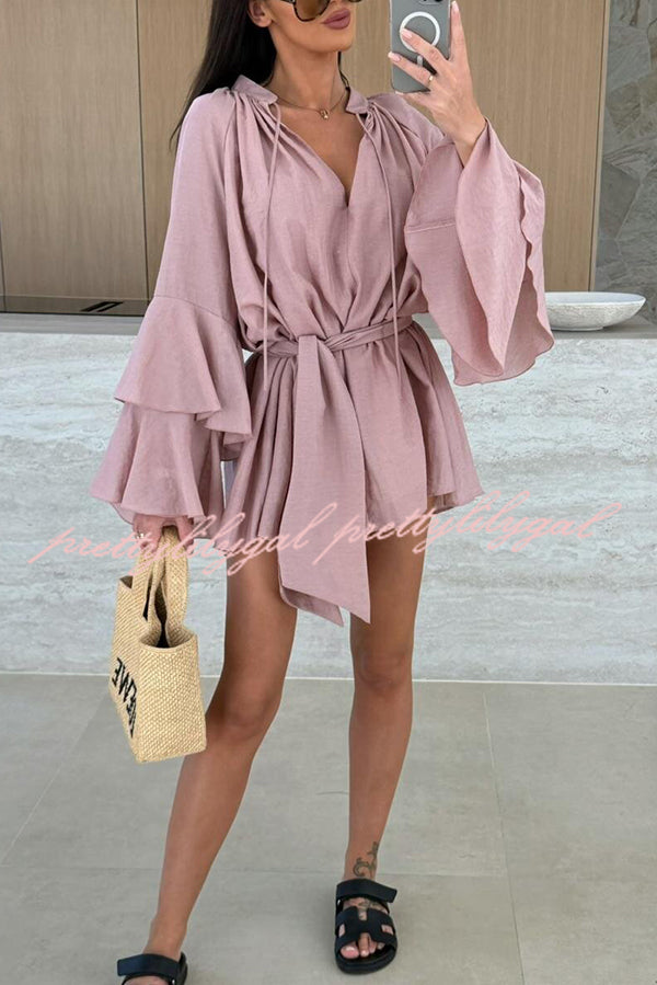 Solid Color V-neck Ruffled Long Sleeve Waist Tie Mini Dress