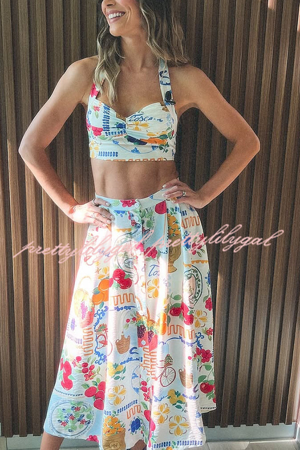 Linen-blend Fruit Print Halterneck Pleated Top and Pocket Button-down Maxi Skirt Set