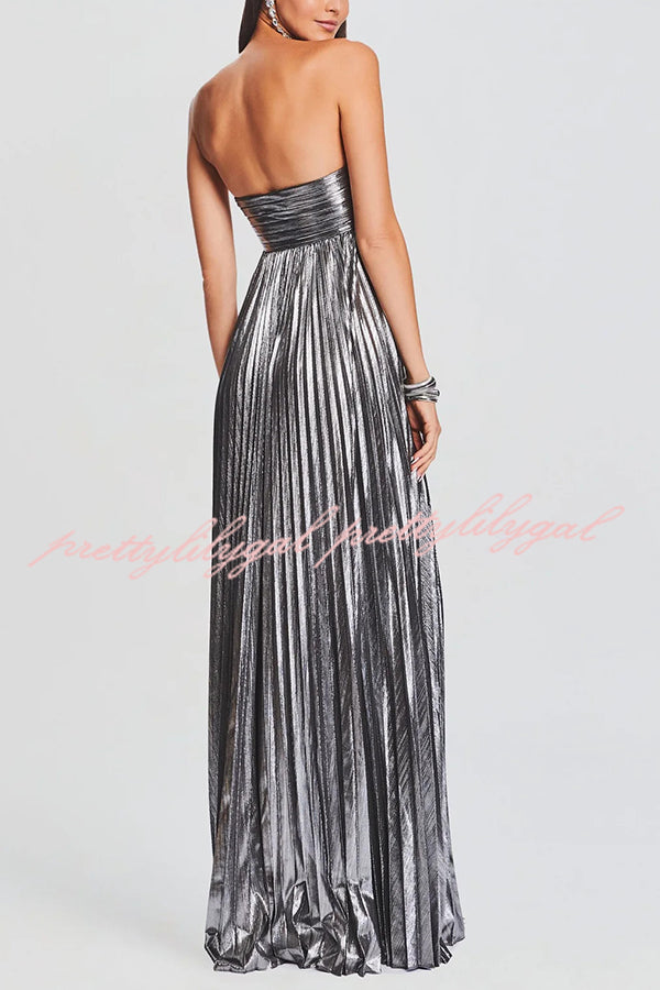Metallic Sexy Tube Top Pleated High Slit Maxi Dress