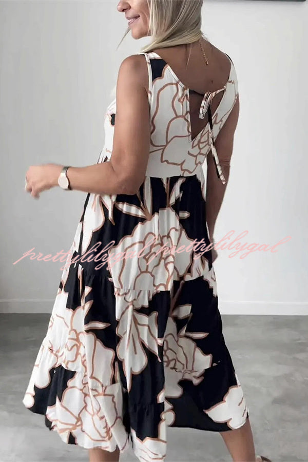 Floral Print Contrast Sleeveless Lace-up Midi Dress