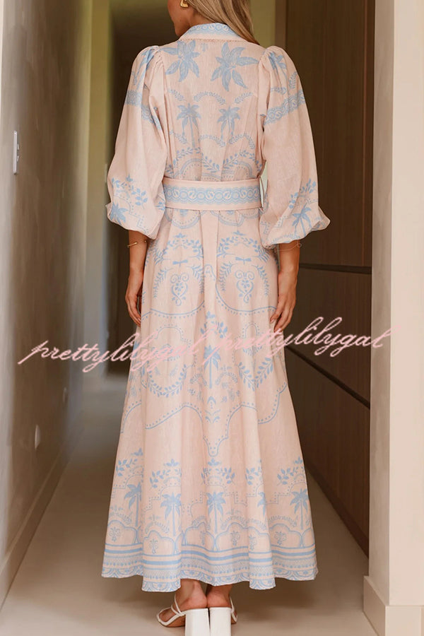 Linen Blend Lapel Puff Sleeve Casual Waist Belted Maxi Dress