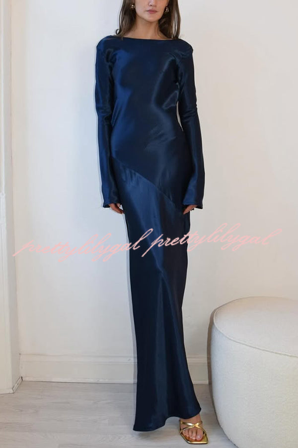 Satin Elegant Long-sleeved Open-back Slim-fit Slit Maxi Dress