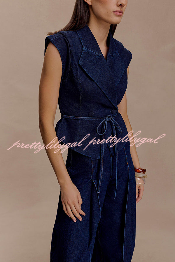 Charley Denim Button Up Cap Short Sleeve Structured Tie-up Lapel Top