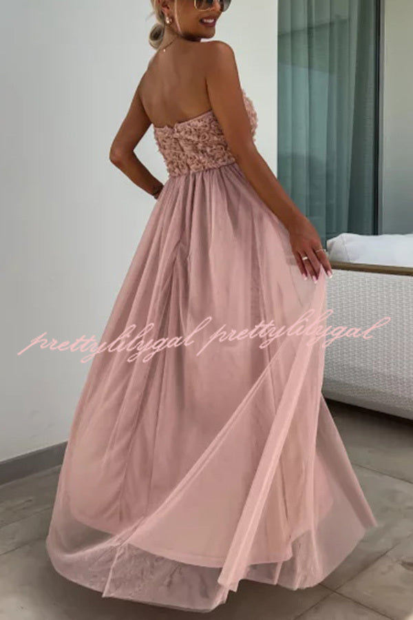 Romance and Lightness Tulle Floral Texture Pleated Patchwork Strapless Slit Maxi Dress