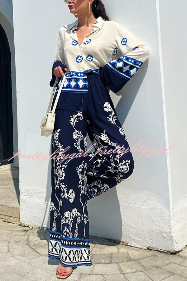 Unique Printed Lapel Long-sleeved Loose Top and Elastic Waist Casual Wide-leg Pants Set