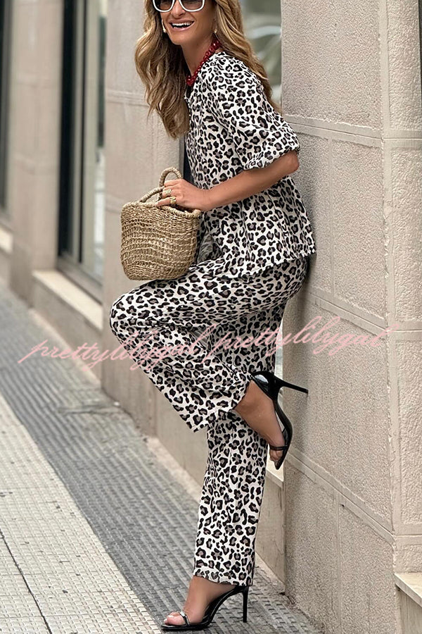 Enjoy Everyday Leopard Print Puff Sleeve Babydoll Top and Elastic Waist Pocketed Pant Set