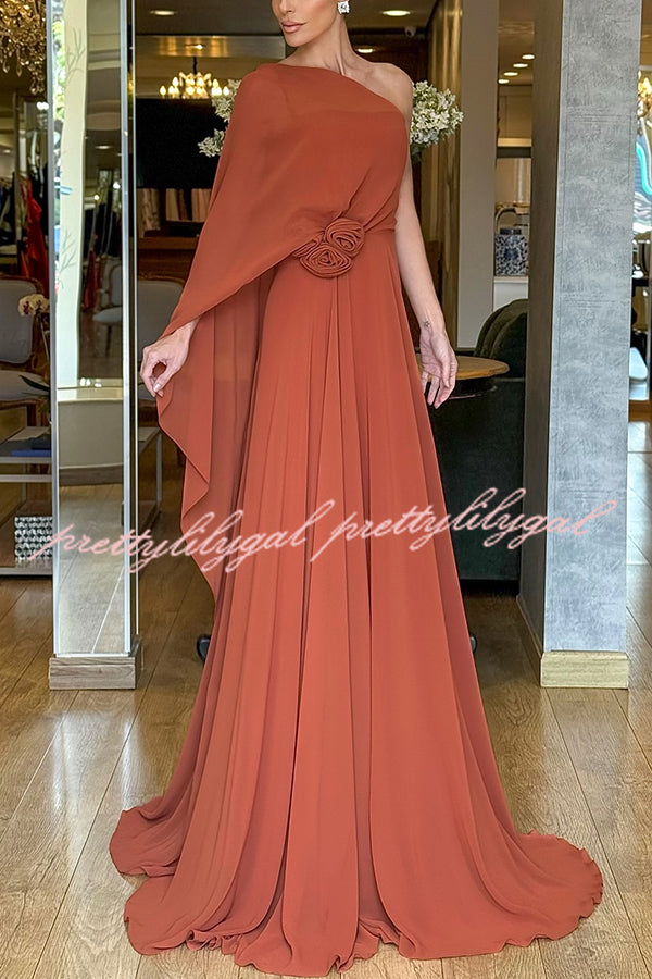 Iriena Chiffon One Shoulder Rose Decoration Waist Formal Maxi Dress