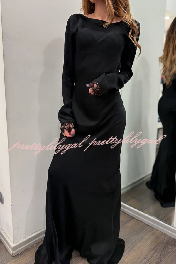 Mystic Moment Satin Lace Trim Long Sleeve Backless Maxi Dress