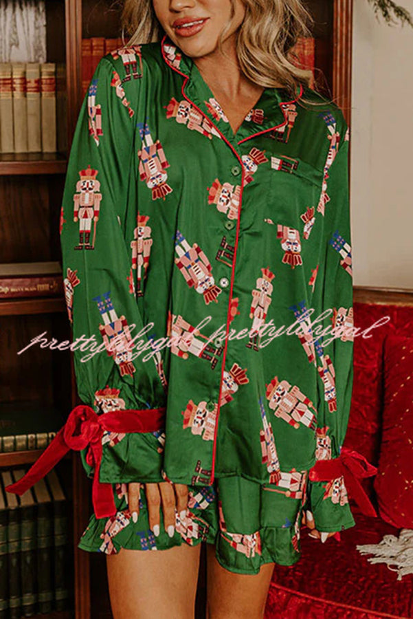 Christmas Dreaming Satin Nutcrackers Print Velvet Trim Elastic Waist Pocketed Pajama Shorts Set