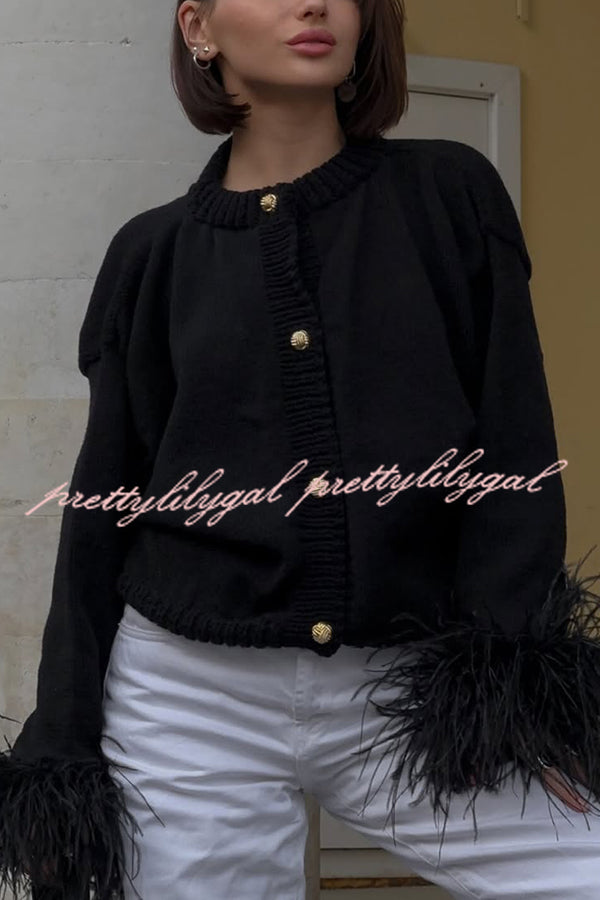 Solid Color Elegant Feather Long Sleeve Casual Knitted Cardigan