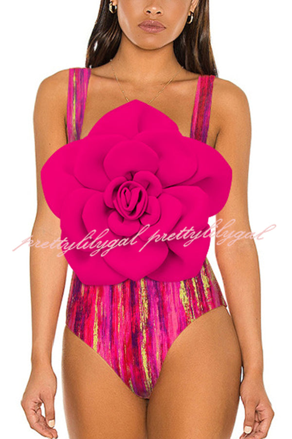 Fashionable Contrast Color Large Flower Stretch One-piece Swimsuit