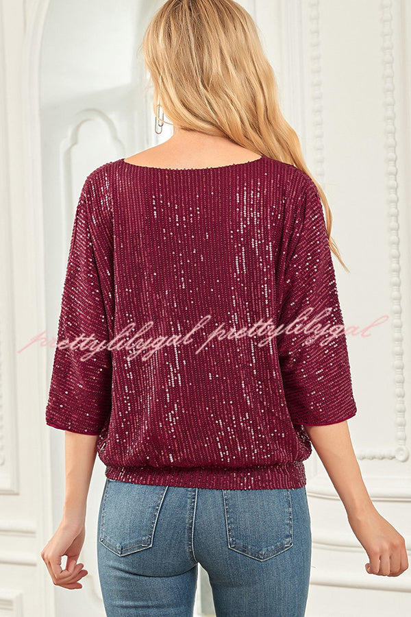 Solid Color Sequined Loose Round Neck Casual Top