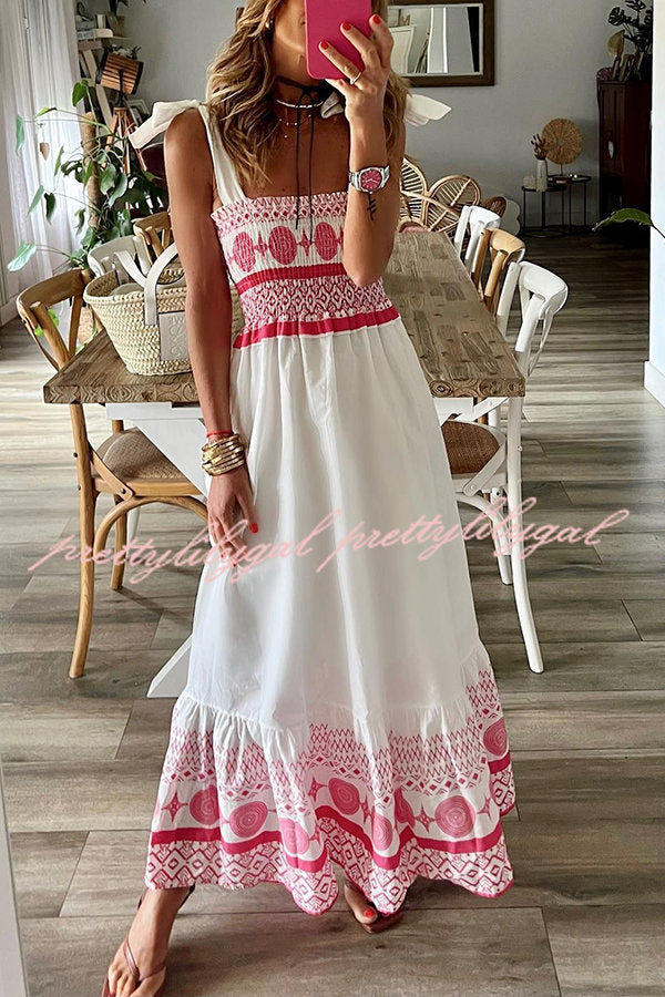 Malibu Villa Ethnic Printed Smocked Shoulder Tie Maxi Dress