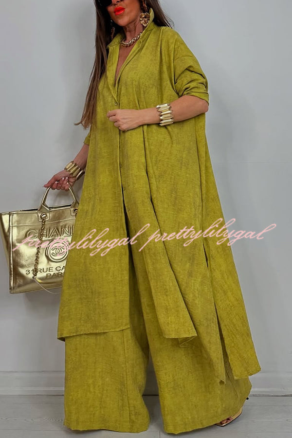 Solid Color Casual Loose Long Shirt and Elastic Waist Pocket Wide Leg Pants Set