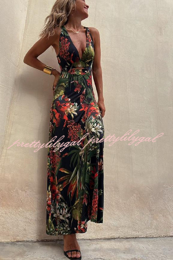 Rainforest Paradise Tropical Print Cutout Back Crossover Stretch Maxi Dress