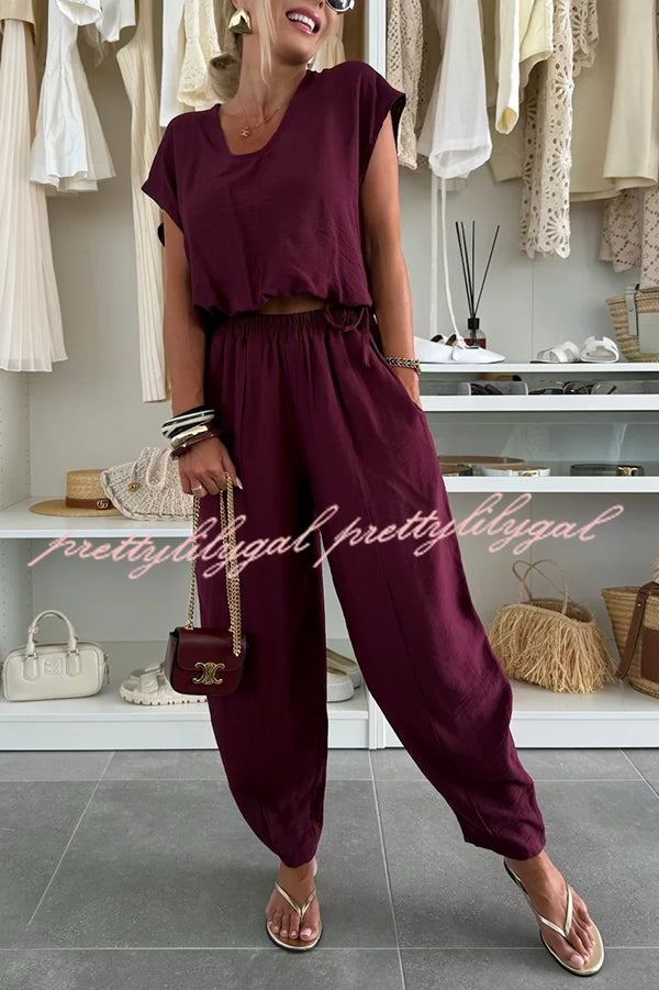 Leva Linen Blend Drawstring Short Sleeve Top and Elastic Waist Pocket Loose Tapered Pants