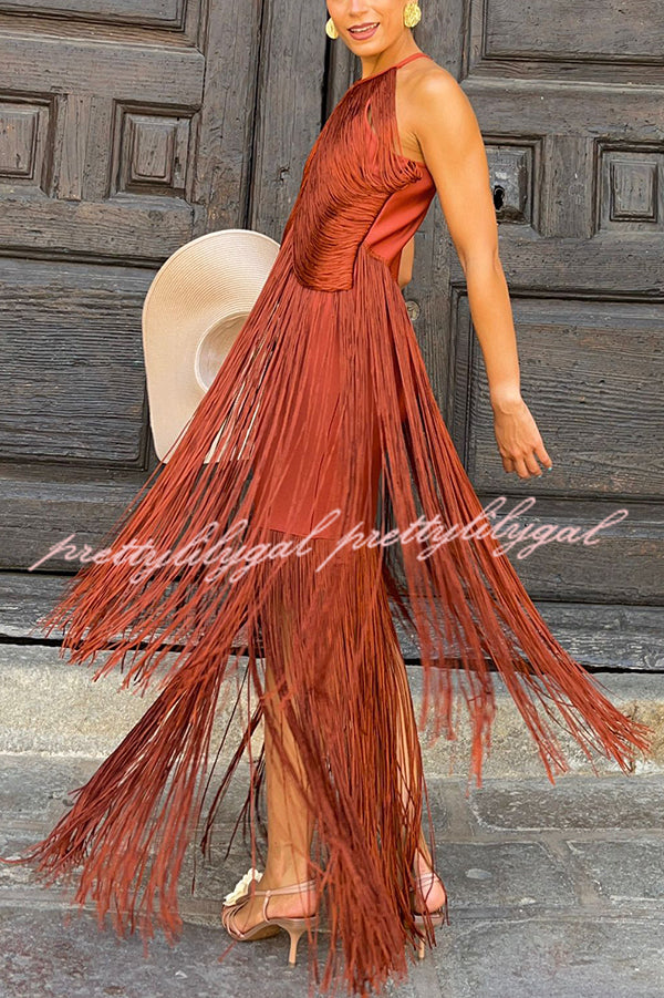 Fashion Sleeveless Halter Neck Elegant Tassel Slim Maxi Dress