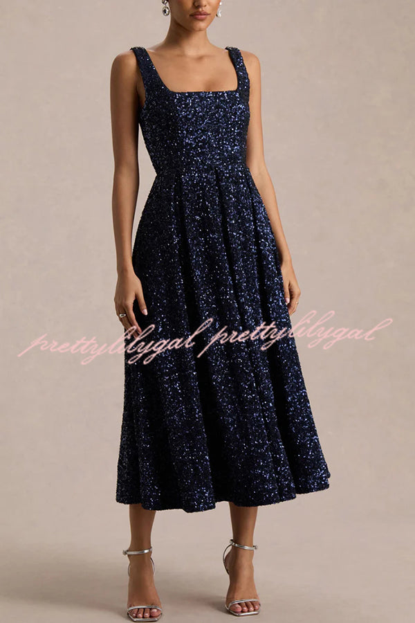 Effortless Sparkle Sequin Square Neck Wide Strap A-Line Midi Dress