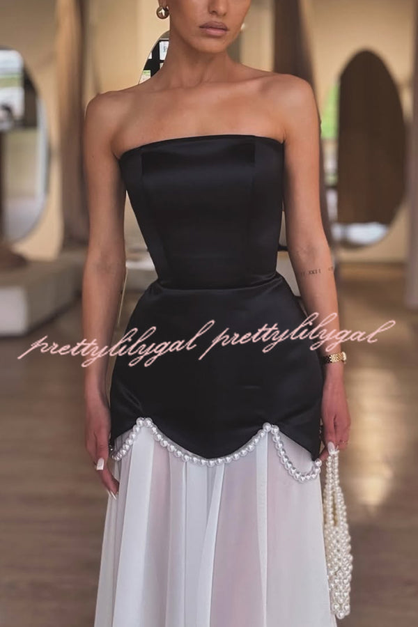 Jiya Satin Petal Hem Pearl Detail Chiffon Cape Strapless Maxi Dress