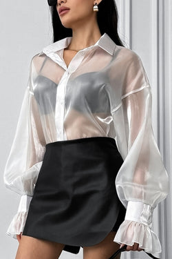 Fashion Lapel Long Sleeve Ruffled See-through Casual Shirt