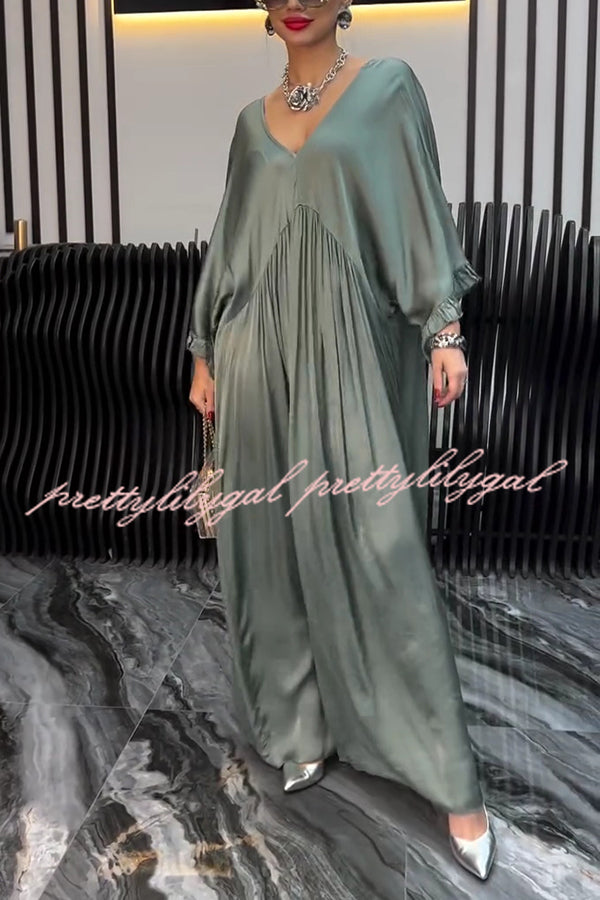 Satin Solid Color V-neck Lotus Leaf Sleeve Loose Pleated Maxi Dress
